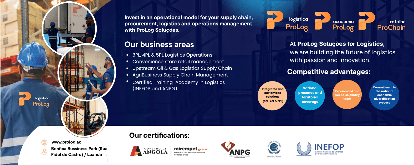 Banner da Prolog Soluções detalhando áreas de negócio como 3PL, 4PL e 5PL, vantagens competitivas e certificações.